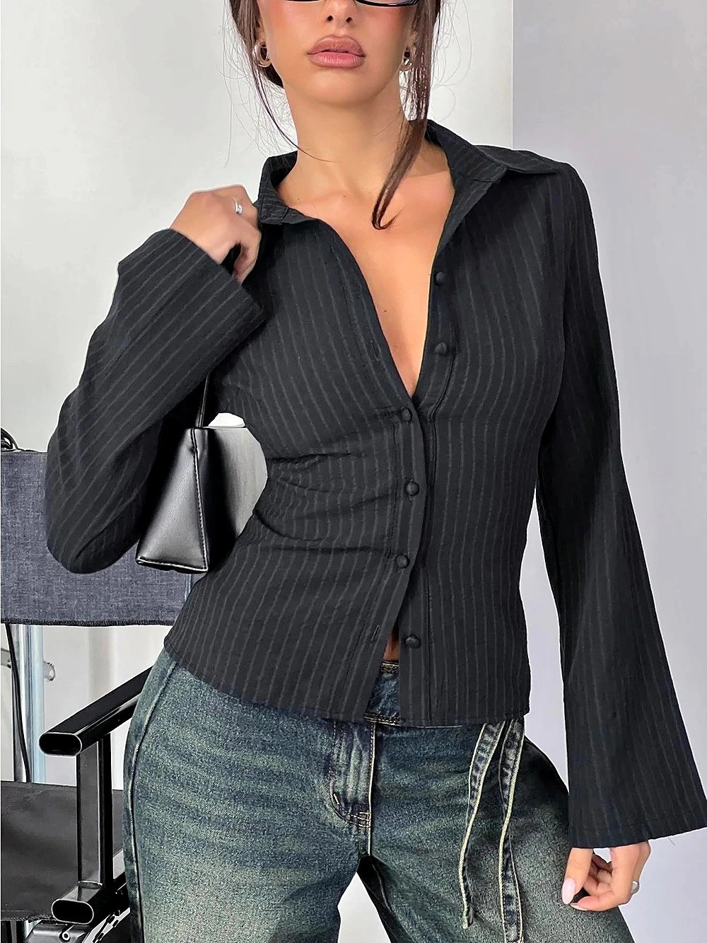 Princess Polly Anni Pinstripe Shirt Black Button Down Top